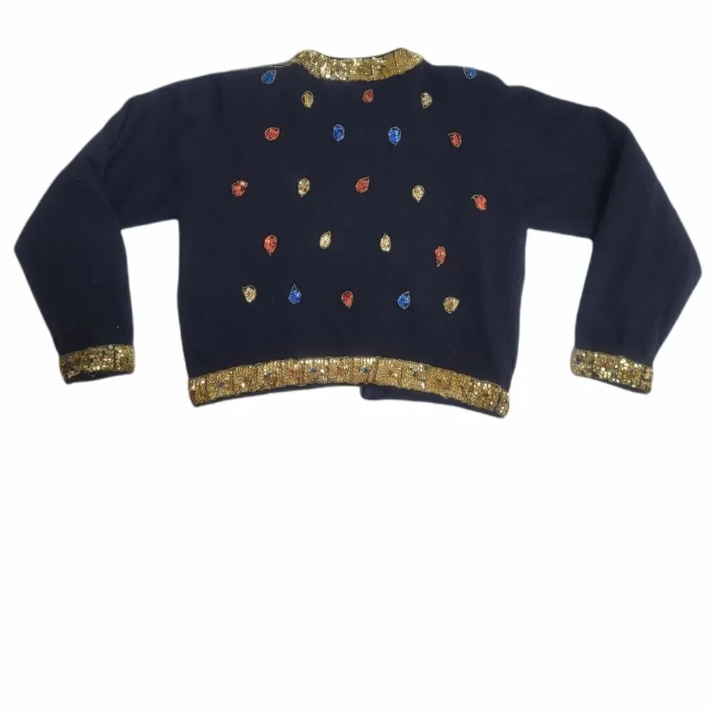 VINTAGE 80s cardigan black‎ sequined embellished wool angora sweater M